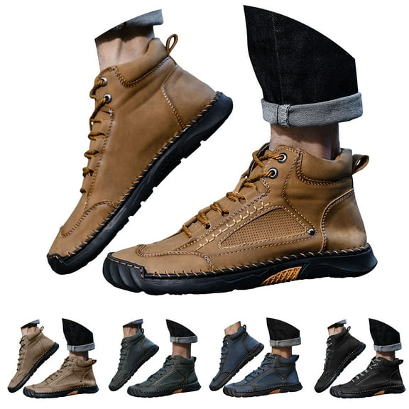 Dakaela Men's Leather Shoes Lace up Slip on Flats Loafers High Top Ankle Work Boots Waterproof Walking Driving Booties Black 10.5