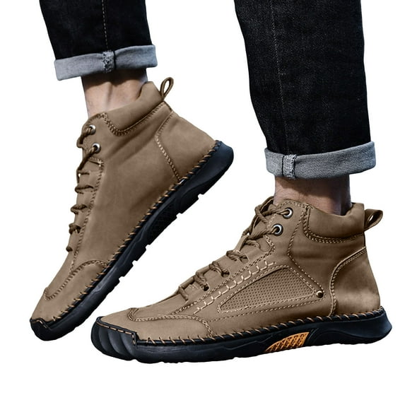 Dakaela Men's Leather Shoes Lace up Slip on Flats Loafers High Top Ankle Work Boots Waterproof Walking Driving Booties Khaki 9