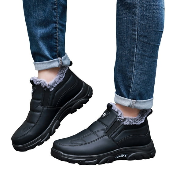 Dakaela Men's Leather Winter Snow Boots Warm Ankle Booties Furry Lined Slip on Walking Sneakers Casual Loafers Shoes Black 6.5