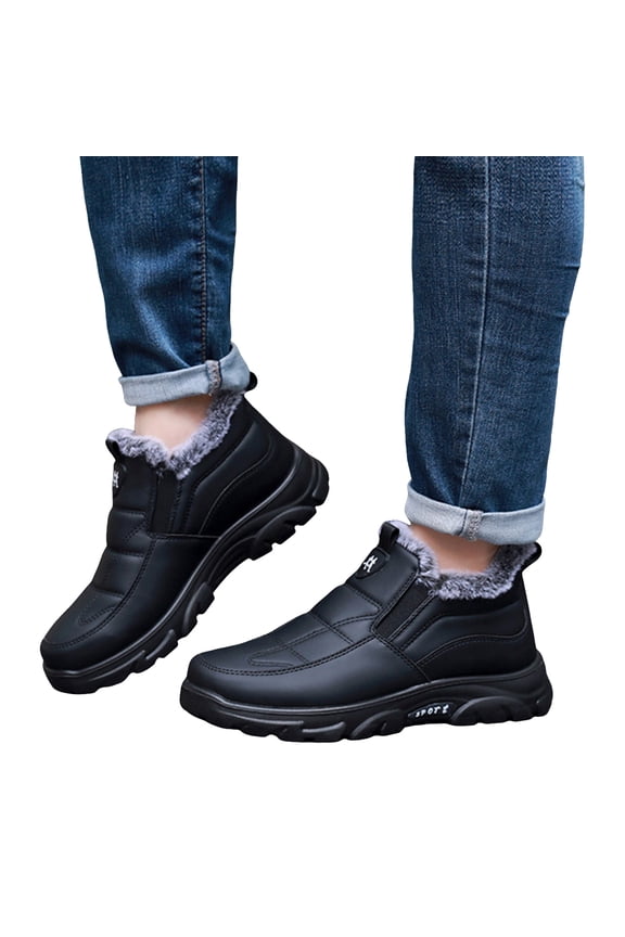 Men's Leather Winter Snow Boots Warm Ankle Booties Furry Lined Slip on Walking Sneakers Casual Loafers Shoes Black 6.5