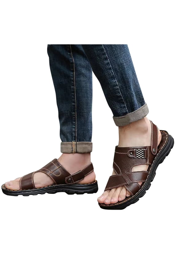 Men's Slingback Flat Sandals Leather Open Toe Walking Mules with Adjustable Strap Size 7-10