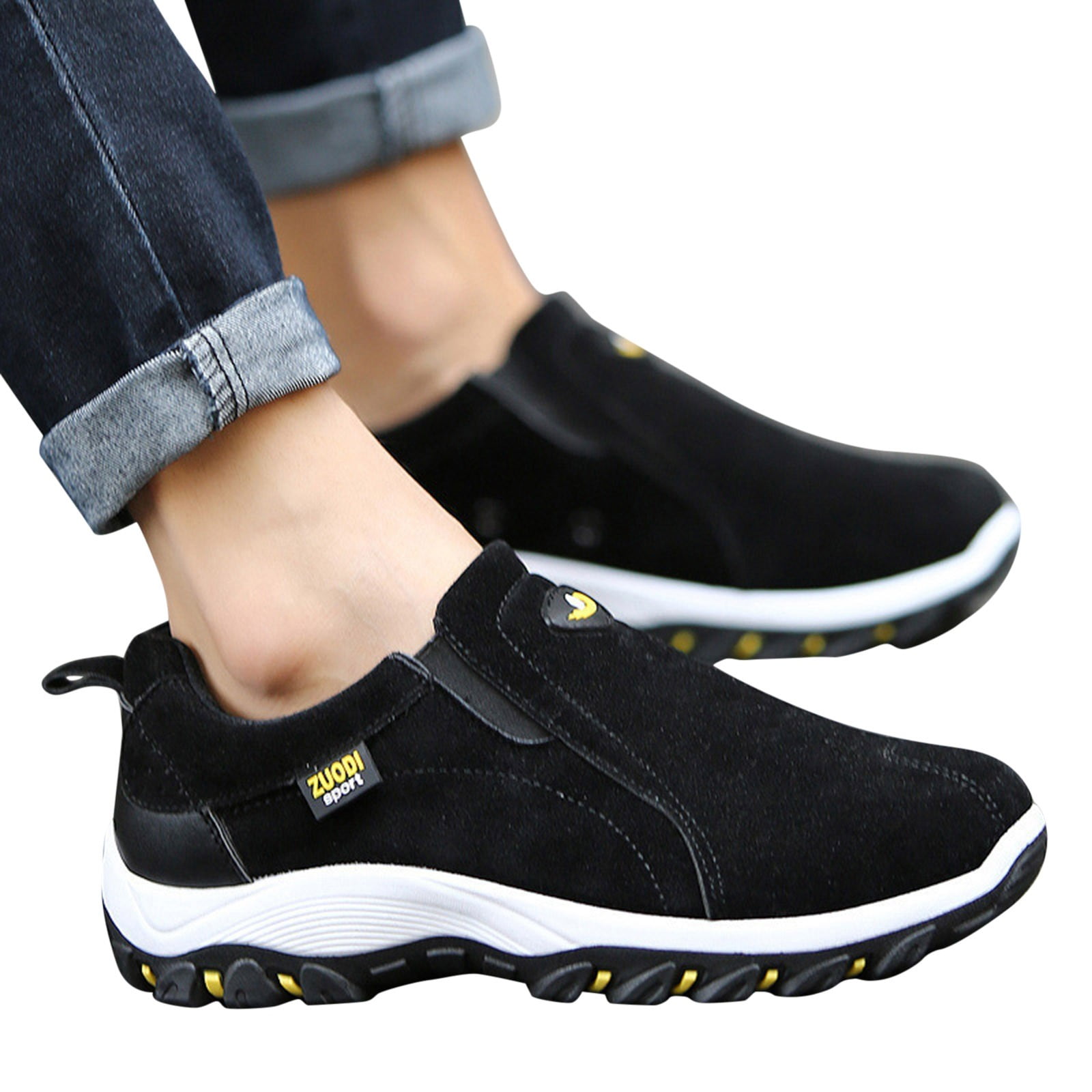 Dakaela Men's Slip on Loafer Walking Shoes Leather Wide Hiking Sneakers Trekking Casual Shoes Black 10.5