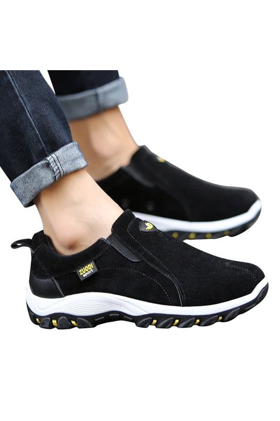 Men's Slip on Loafer Walking Shoes Leather Wide Hiking Sneakers Trekking Casual Shoes Black 11.5