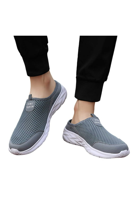 Men's Slip on Mules Sneakers Open Back Walking Flats Shoes Closed Toe Slides Slippers Grey 10.5