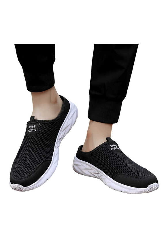 Men's Slip on Mules Sneakers Open Back Walking Flats Shoes Closed Toe Slides Slippers White 10