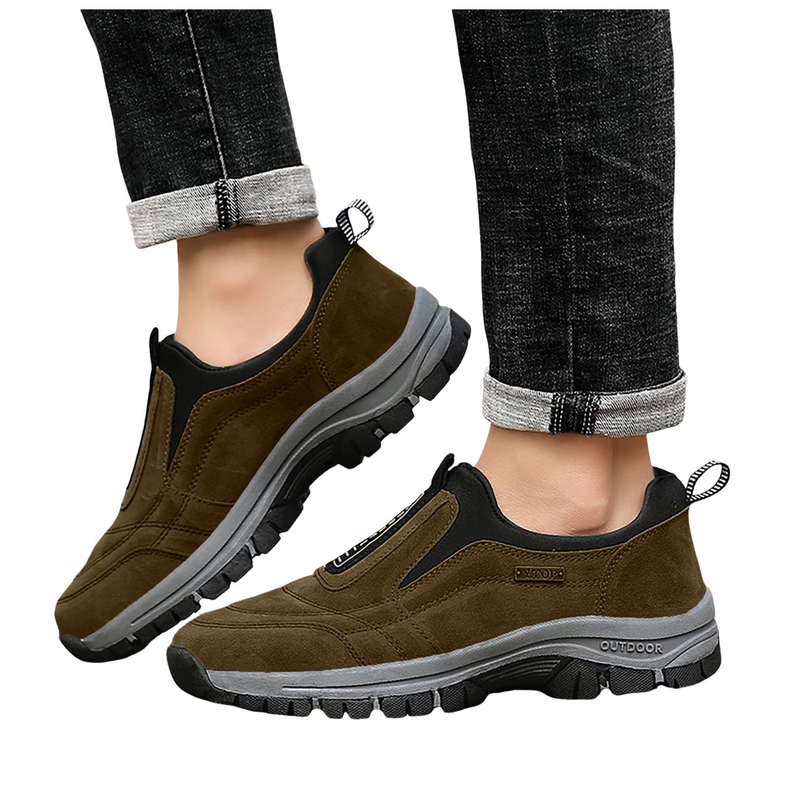 Dakaela Men's Wide Hiking Shoes Slip on Walking Loafers Waterproof Trekking Running Sneakers Brown 7.5