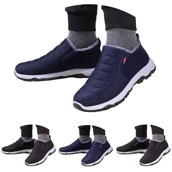 Dakaela Men's Winter Boots Waterproof Warm Slip on Ankle Snow Booties Arch Support Outdoor Walking Hiking Shoes Black Size 9