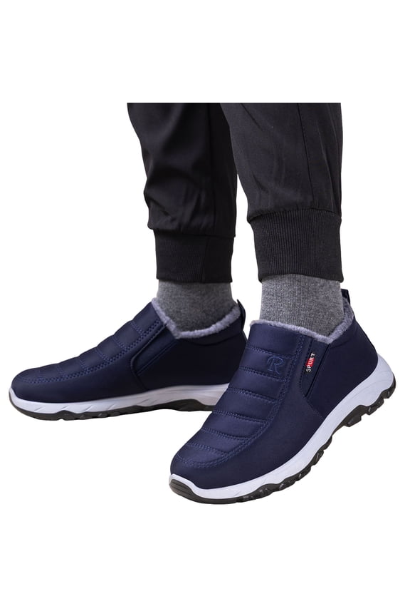 Men's Winter Boots Waterproof Warm Slip on Ankle Snow Booties Arch Support Outdoor Walking Hiking Shoes Blue Size 6