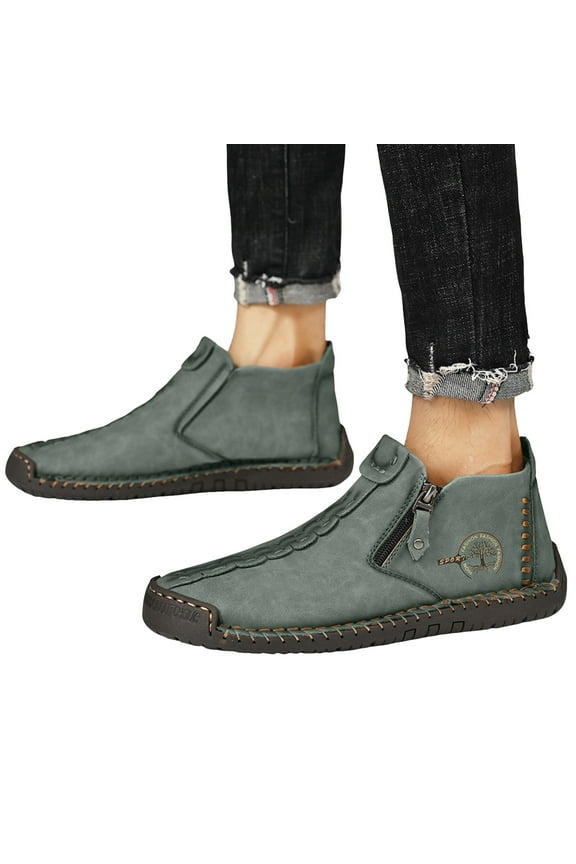 Mens Casual Leather Shoes Chukka Ankle Boots Lightweight Slip on Loafers Mid Top Walking Driving Hiking Work Shoes Green 8.5