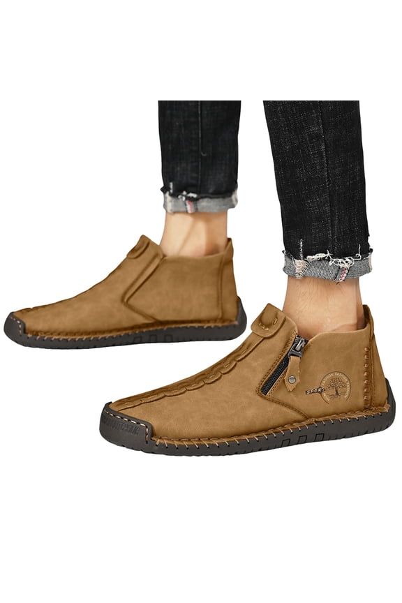 Mens Casual Leather Shoes Chukka Ankle Boots Lightweight Slip on Loafers Mid Top Walking Driving Hiking Work Shoes Yellow 7