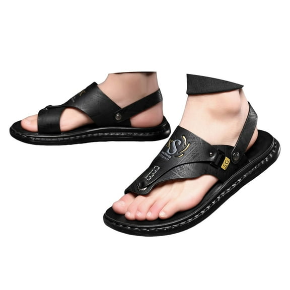 Dakaela Mens Sandals Indoor Outdoor Beach Flip Flop Casual Thong Leather Slip on Two Uses Strap Slippers