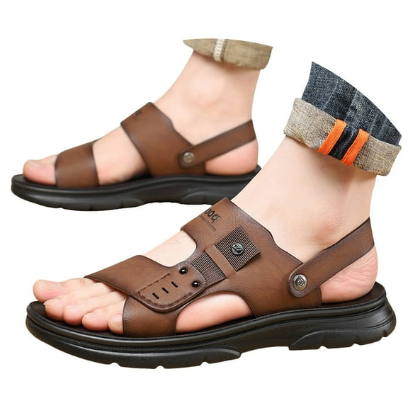 Dakaela Mens Sandals Summer Beach Slippers Leather Slip on Flip Flops Shoes with Back Strap Brown 7