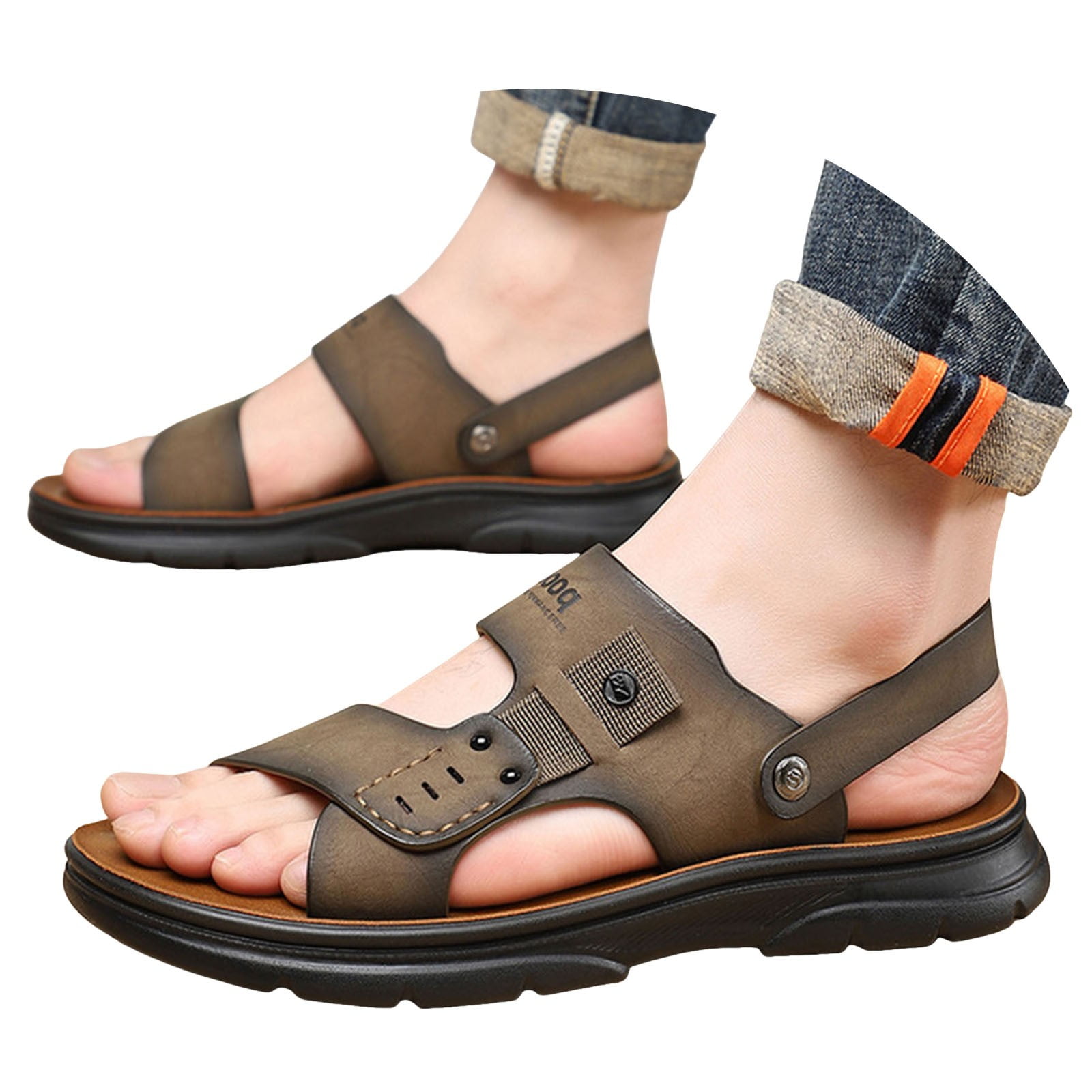 Dakaela Mens Sandals Summer Beach Slippers Leather Slip on Flip