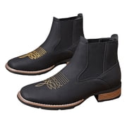 Dakaela Mens Square Toe Chelsea Boots Cowboy Western Short Booties Embroidered Casual Dress Ankle Boots