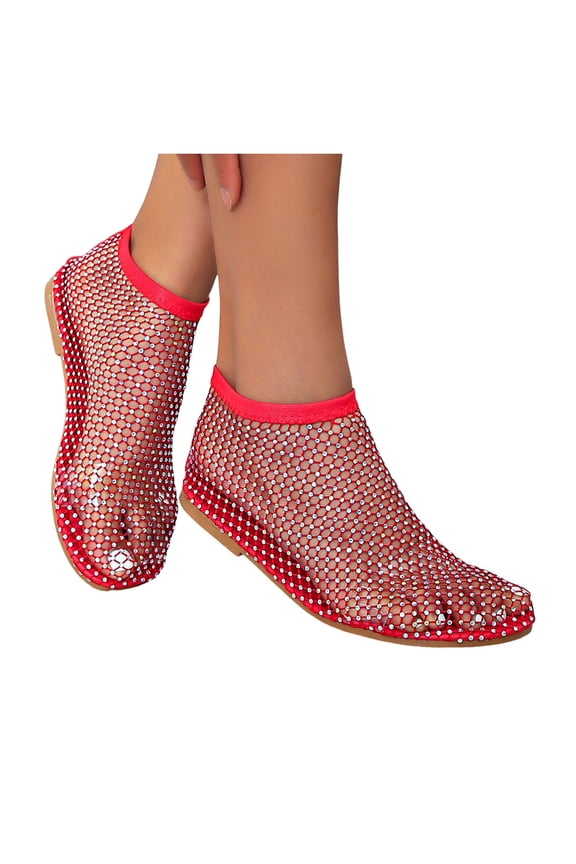 Mesh Flats for Women Comfortable Shiny Gem Ballet Sandals Dressy Summer Flat Shoes Red 8