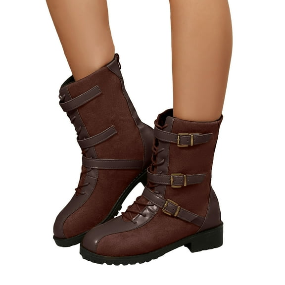 Dakaela Mid Calf Boots for Women Lace up Buckles Combat Western Booties Round Toe Low Chunky Heel Dress Work Boots