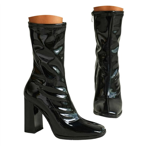 Dakaela Mid Calf Boots for Women Square Toe Chunky Block Heel Ankle Booties Leather Zipper Dressy Shoes