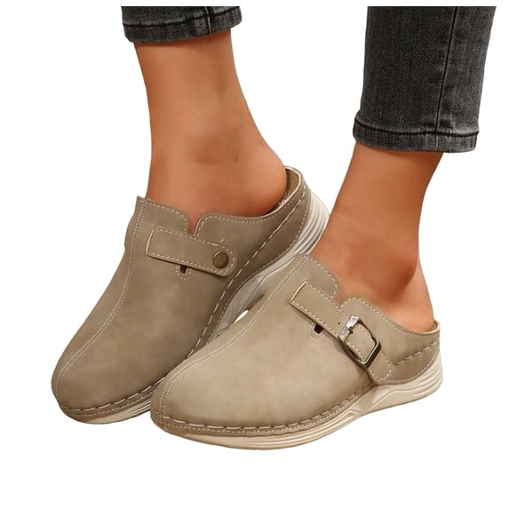 Dakaela Mules for Women Comfortable Slip on Closed Toe Clogs Memory Foam Wedge Slides Summer Casual Wprk Walking Platform Sandals Khaki 7