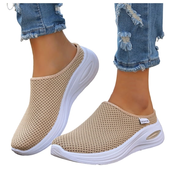 Dakaela Mules for Women Mesh Breathable Air Cushion Slip on Clogs Closed Round Toe Orthopedic Backless Walking Sneakers (6,Beige)