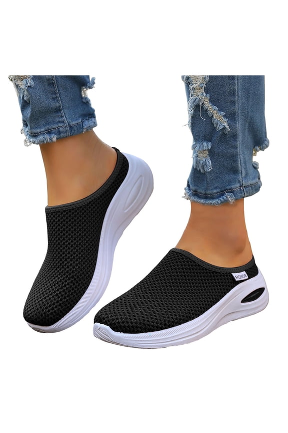 Mules for Women Mesh Breathable Air Cushion Slip on Clogs Closed Round Toe Orthopedic Backless Walking Sneakers (8.5,Black)