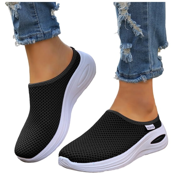 Dakaela Mules for Women Mesh Breathable Air Cushion Slip on Clogs Closed Round Toe Orthopedic Backless Walking Sneakers (8,Black)