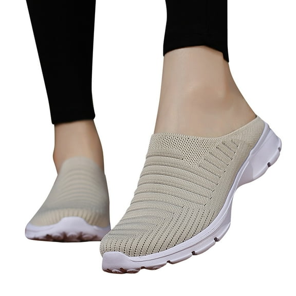 Dakaela Mules for Women Slip on Sneakers Breathable Knit Flats Closed Round Toe Low Top Loafers Beige 7