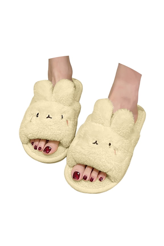 Open Toe Slippers for Women Cute Bunny Plush Fuzzy Slides Rabbit Warm Winter House Shoes