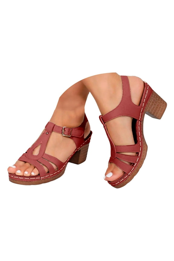 Orthopedic Heeled Sandals for Women Chunky Heel Wedge Strappy Pumps Shoes Arch Support Wide Width Casual Dressy Sandal Red 8