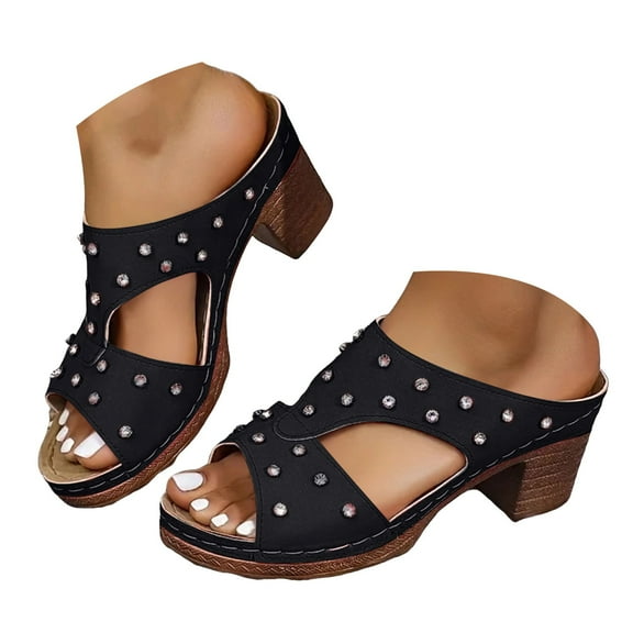 Dakaela Orthopedic Heeled Sandals for Women Rhinestone Walking Dress Shoes Slip on Slides Black 6