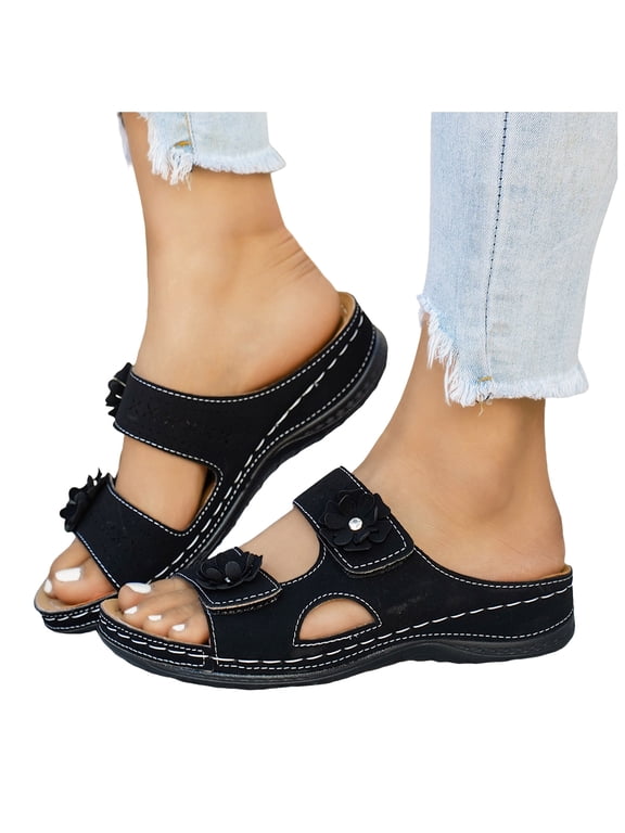 Orthopedic Sandals Women Open Toe Flower Platform Wedge Slides with Arch Support for Plantar Fasciitis Comfortable Walking (Black,8)
