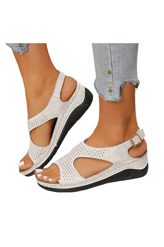 Orthopedic Sandals for Women Arch Support Comfortable Summer Walking Shoes Buckles Slingback Platform Wedge Slip on Sandal White 6