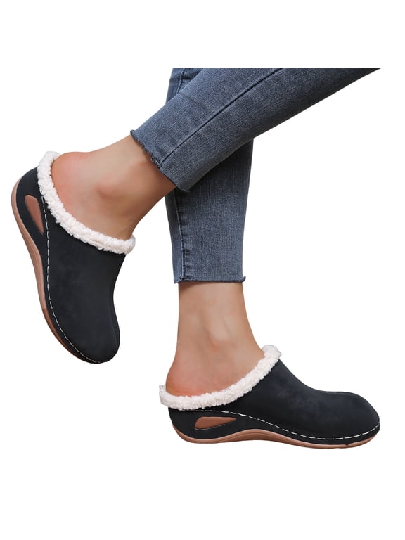 Orthopedic Slippers with Arch Support Womens Suede Wedge Winter House Shoes Fleece Lined Slip on Clogs Mules Indoor Outdoor for Plantar Fasciitis Black 7.5