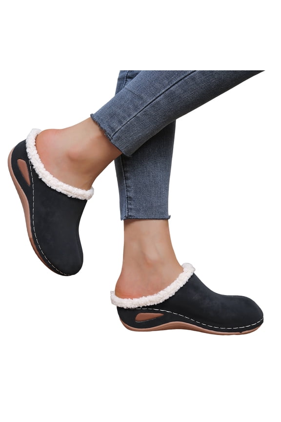 Orthopedic Slippers with Arch Support Womens Suede Wedge Winter House Shoes Fleece Lined Slip on Clogs Mules Indoor Outdoor for Plantar Fasciitis Black 9