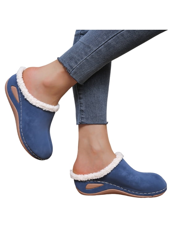 Orthopedic Slippers with Arch Support Womens Suede Wedge Winter House Shoes Fleece Lined Slip on Clogs Mules Indoor Outdoor for Plantar Fasciitis Blue 9.5