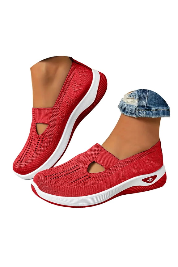 Orthopedic Walking Shoes for Women Red Arch Support Slip on Sneakers Woven Casual Sports Shoes