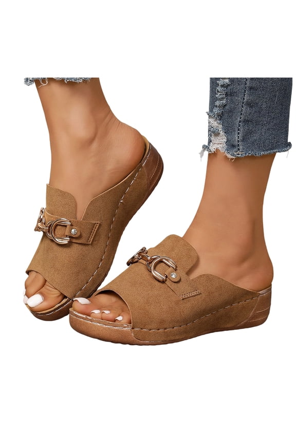 Orthopedic Wedge Sandals Women 2026 Suede Platform Slip on Slides with Arch Support Open Toe Casual Beach Walking Shoes Brown Size 7