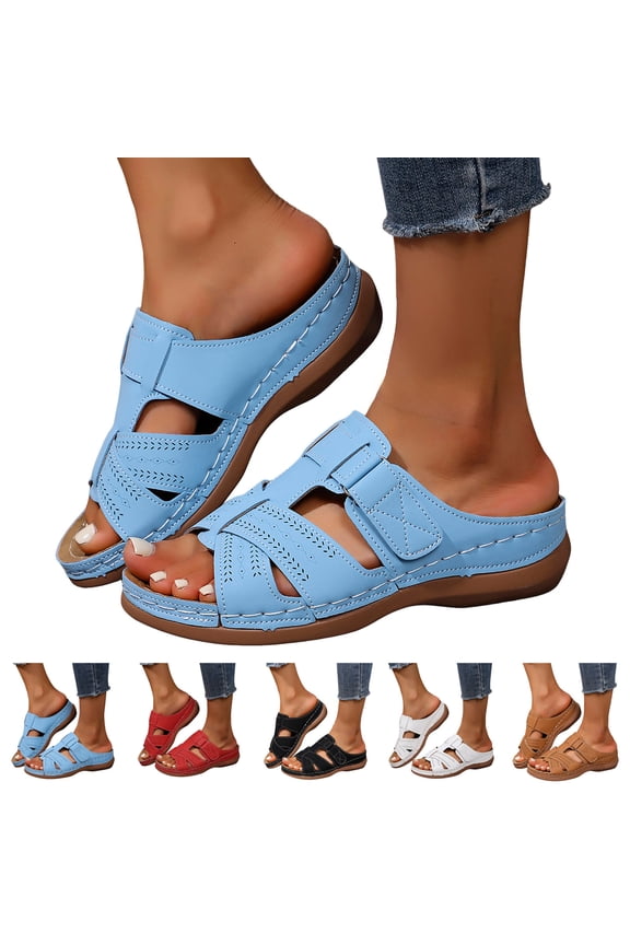 Orthopedic Wedge Sandals for Women Open Toe Wide Width Summer Casual Slip on Slides Outdoor Beach Walking Slippers with Hook and Loop Size 6-10 Brown