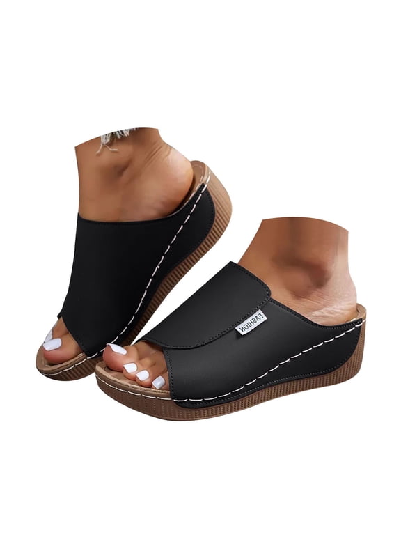 Women's Summer Slide Sandals Orthopedic Wedge Arch Support Beach Casual Shoes Slippers Black 8.5