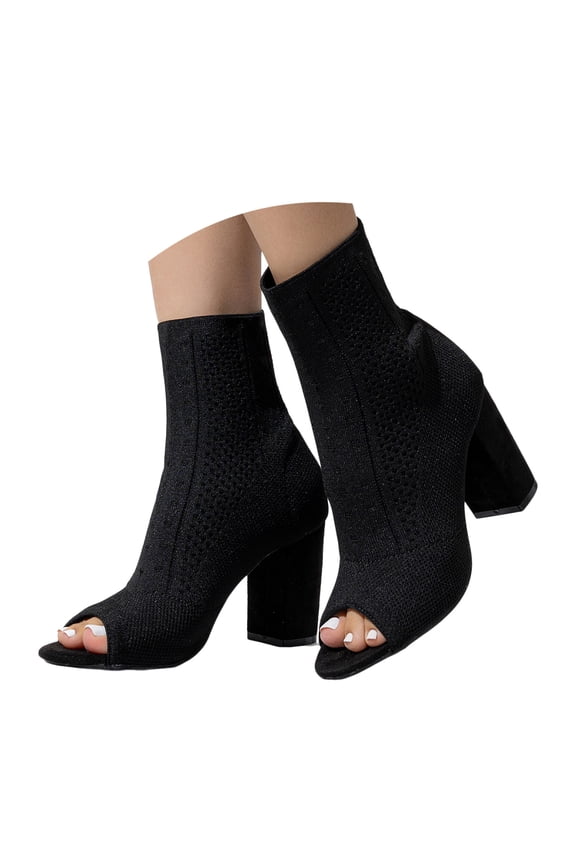 Peep Toe Booties for Women Knit Chunky Block Heels Casual Sock Boots Dressy Heeled Sandals