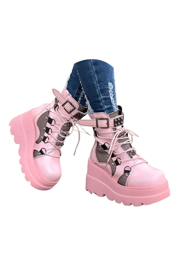 Platform Boots for Women Goth Round Toe Chunky Wedge Combat Booties Motorcycle Punk Shoes