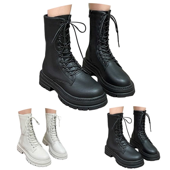 Dakaela Platform Combat Boots for Women Fashion Lace up Wide Mid Calf Booties Fall Winter Lug Sole Riding Ankle Boot Black 6.5