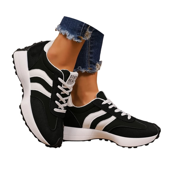 Dakaela Platform Fashion Sneakers for Women Suede Patchwork Casual Lace Up Tennis Shoes Comfortable Non-Slip Womens Walking Shoes,Black 9.5