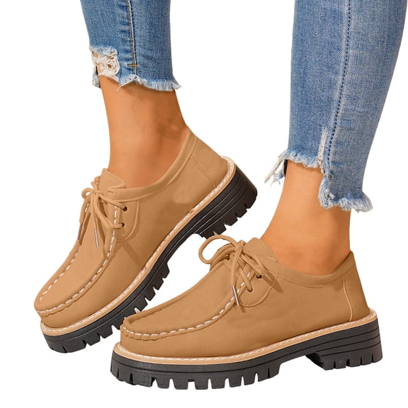 Dakaela Platform Loafers for Women Chunky Heel Slip on Penny Loafer Square Toe Lace up Office Dress Oxfords Work Shoes Brown 6