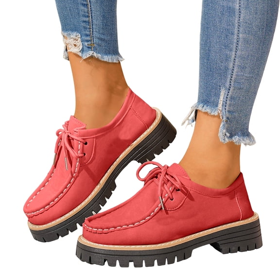 Dakaela Platform Loafers for Women Chunky Heel Slip on Penny Loafer Square Toe Lace up Office Dress Oxfords Work Shoes Red 8.5