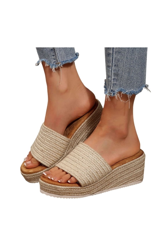 Platform Sandals Womens Slip on Wedge Mules Espadrille Bohemia Casual Open Toe Slides Summer Beach Slippers Shoes Beige 7