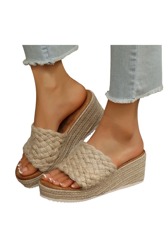 Platform Sandals Womens Slip on Wedge Mules Espadrille Bohemia Casual Open Toe Slides Summer Beach Slippers Shoes Khaki 8