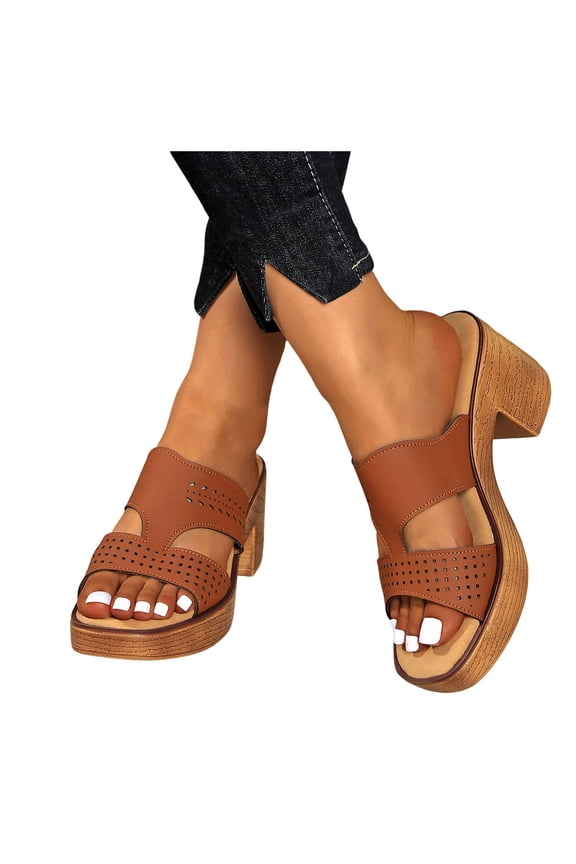 Platform Sandals for Women Square Toe Chunky Block Heeled Sandals Slip on Dressy Slide Shoes