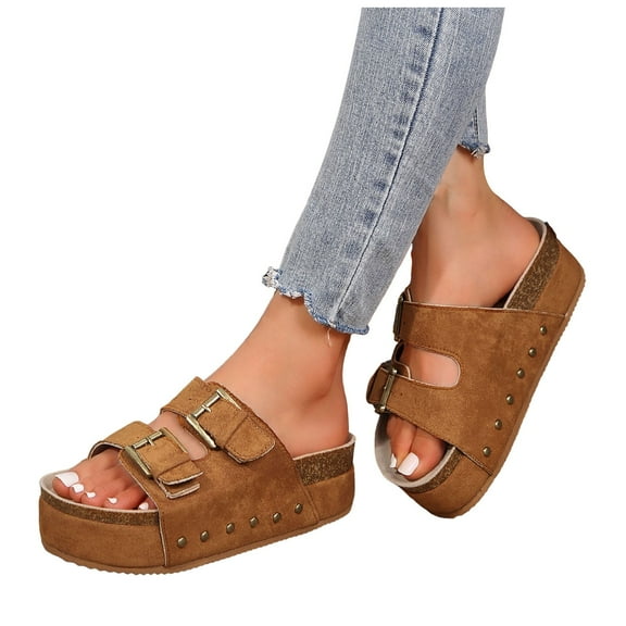 Dakaela Platform Sandals for Women Wedge Walking Shoes Double Buckles Cork Footbed Slide