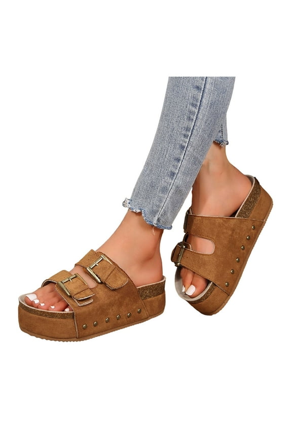 Platform Sandals for Women Wedge Walking Shoes Double Buckles Cork Footbed Slide