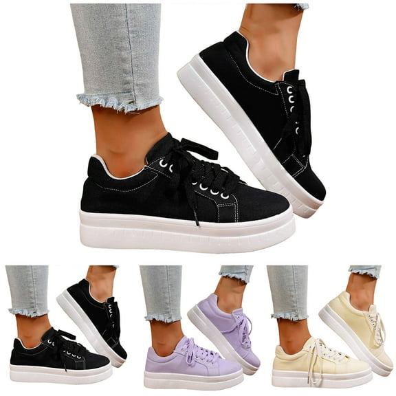 Dakaela Platform Sneakers for Women Casual Non Slip Tennis Walking Shoes Lightweight Comfortable Lace up Flat Sneaker Black 6